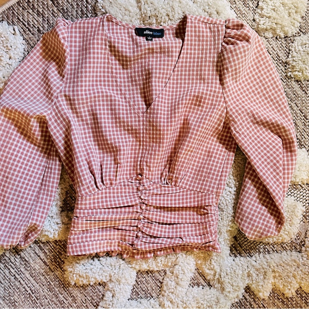 Alice Blue V Neck Smocked Puff Sleeve Top | Orange/White Gingham | Size S